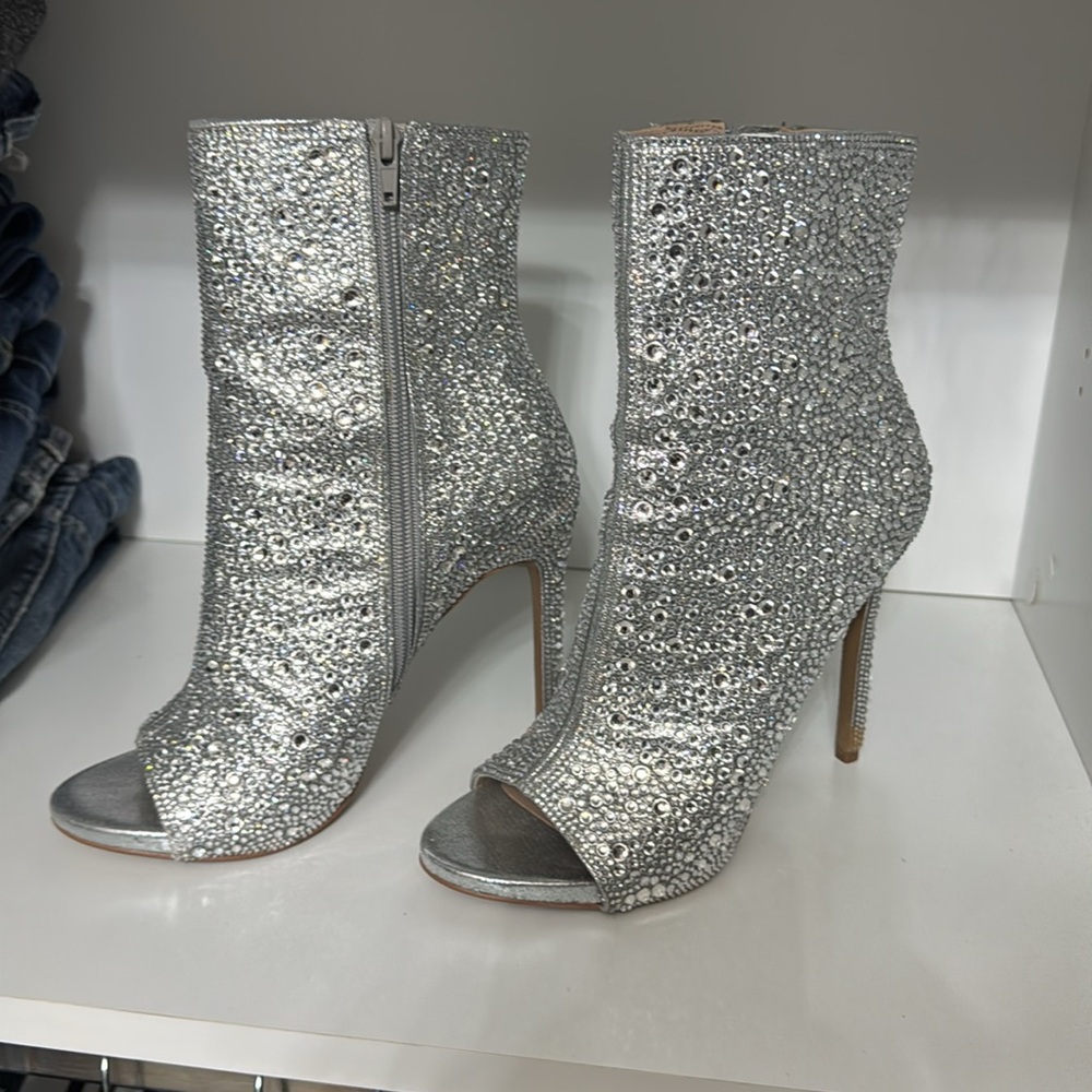 Silver Glitter Peep-Toe Ankle Boots - Picture 3 of 5
